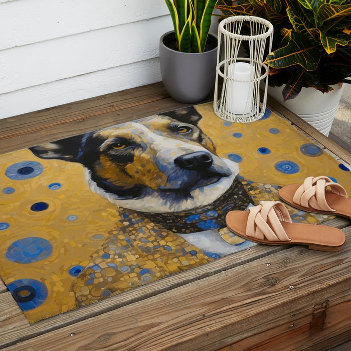 Gustav Klimt Style Distinguished Dog with Gold Medal Outdoor Rug Gallery Image 2