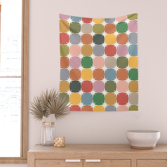 Retro Festive Sparkle Colorful Checker Wall Tapestry Gallery Image 2