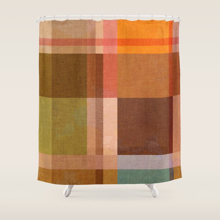 Cosy Heritage Woven Plaid 1 earthy orange blue green Shower Curtain Gallery Image 1