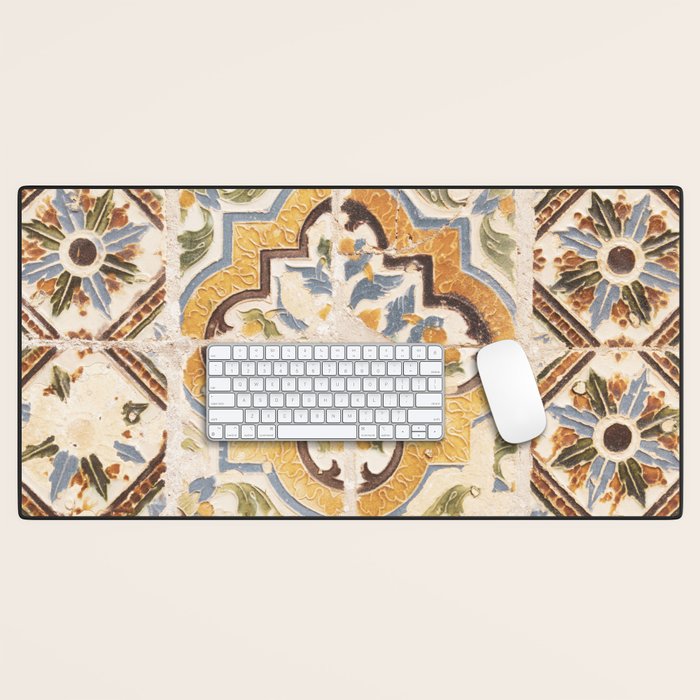 An old tile pattern or azulejos in Sintra Portugal  Summer street and travel photography Desk Mat Gallery Image 1