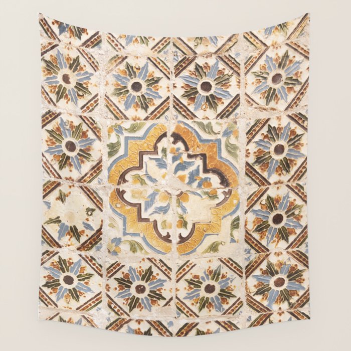 An old tile pattern or azulejos in Sintra Portugal  Summer street and travel photography Wall Tapestry Gallery Image 1