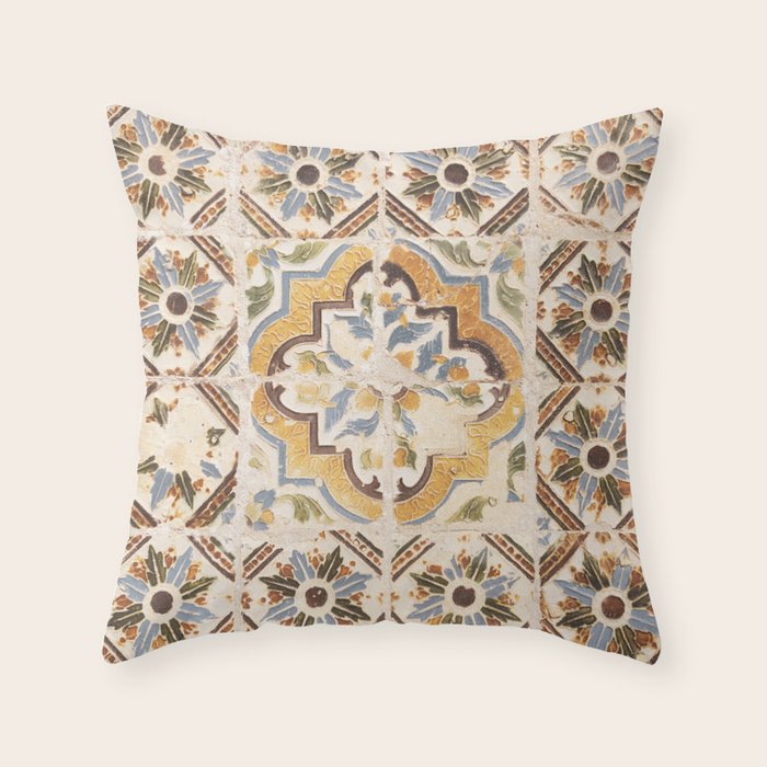 An old tile pattern or azulejos in Sintra Portugal  Summer street and travel photography Throw Pillow Gallery Image 6