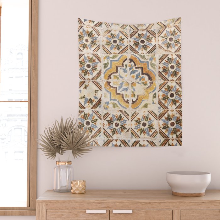 An old tile pattern or azulejos in Sintra Portugal  Summer street and travel photography Wall Tapestry Gallery Image 2