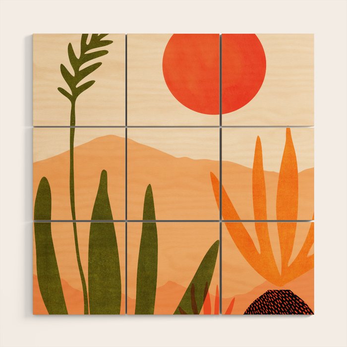 Golden California Desert Landscape Illustration Wood Wall Art Gallery Image 1