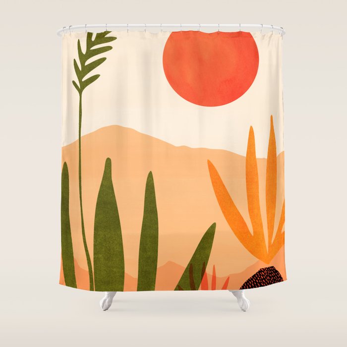 Golden California Desert Landscape Illustration Shower Curtain Gallery Image 1