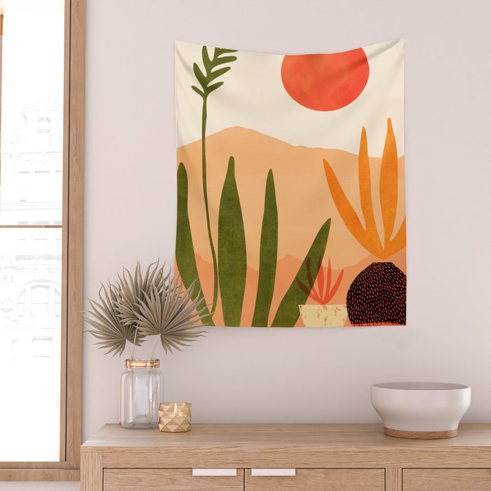 Golden California Desert Landscape Illustration Wall Tapestry Gallery Image 2