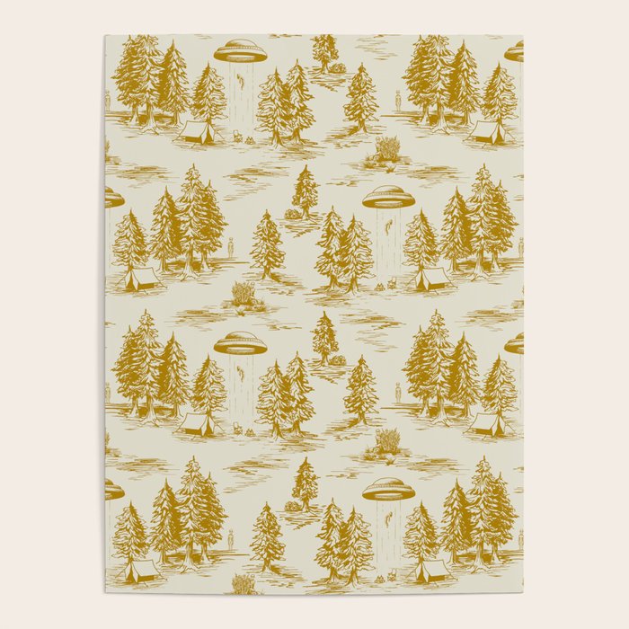 Yellow/Gold Alien Abduction Toile De Jouy Pattern Poster Gallery Image 4