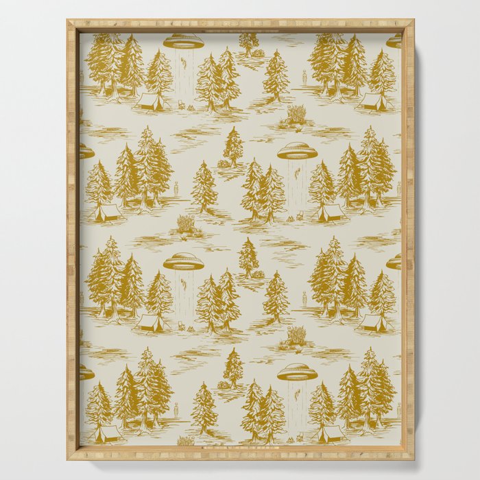 Yellow/Gold Alien Abduction Toile De Jouy Pattern Serving Tray Gallery Image 1