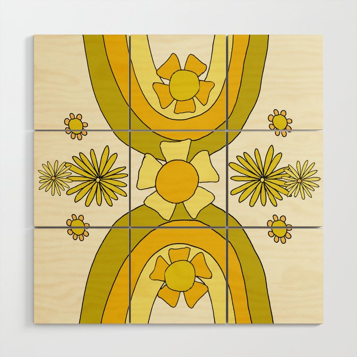 positive rainbow flowers // retro art by surfy birdy Wood Wall Art Gallery Image 1