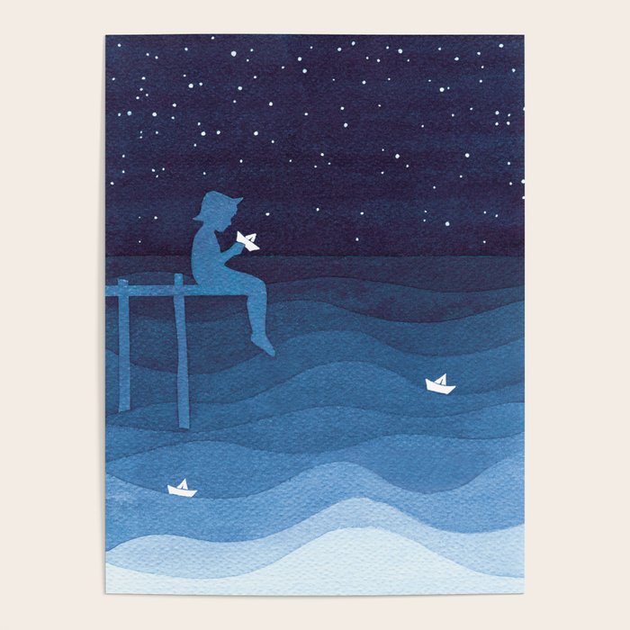 Boy with paper boats, blue Poster Gallery Image 4