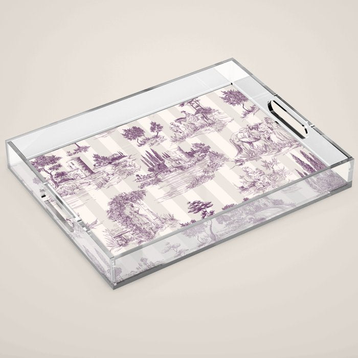 Toile de Jouy Vintage French Plum Striped Pastoral Pattern Acrylic Tray Gallery Image 1