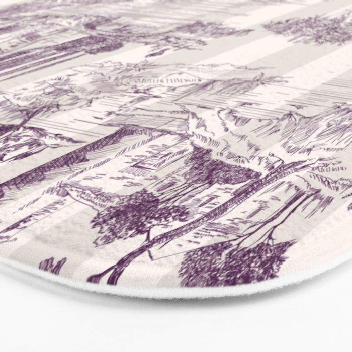 Toile de Jouy Vintage French Plum Striped Pastoral Pattern Bath Mat Gallery Image 3