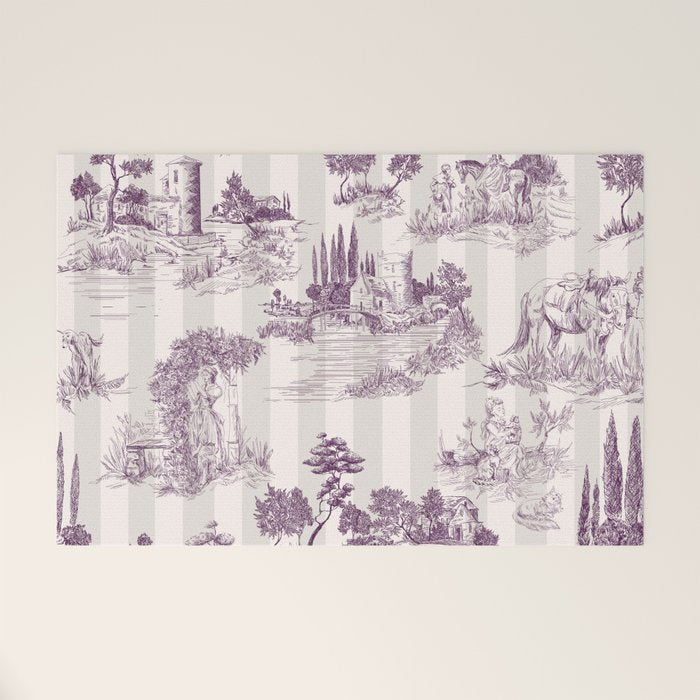 Toile de Jouy Vintage French Plum Striped Pastoral Pattern Welcome Mat Gallery Image 1