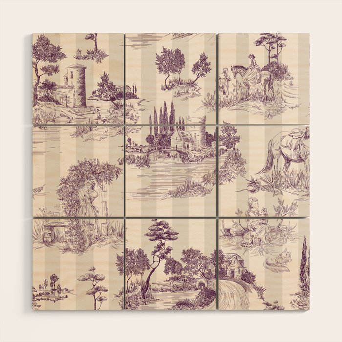 Toile de Jouy Vintage French Plum Striped Pastoral Pattern Wood Wall Art Gallery Image 1