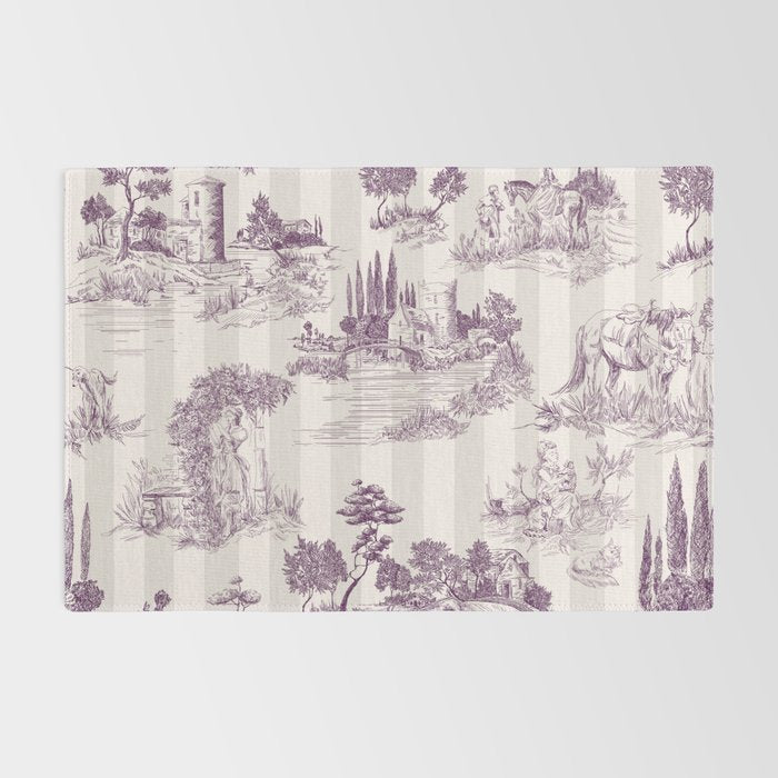 Toile de Jouy Vintage French Plum Striped Pastoral Pattern Rug Gallery Image 2