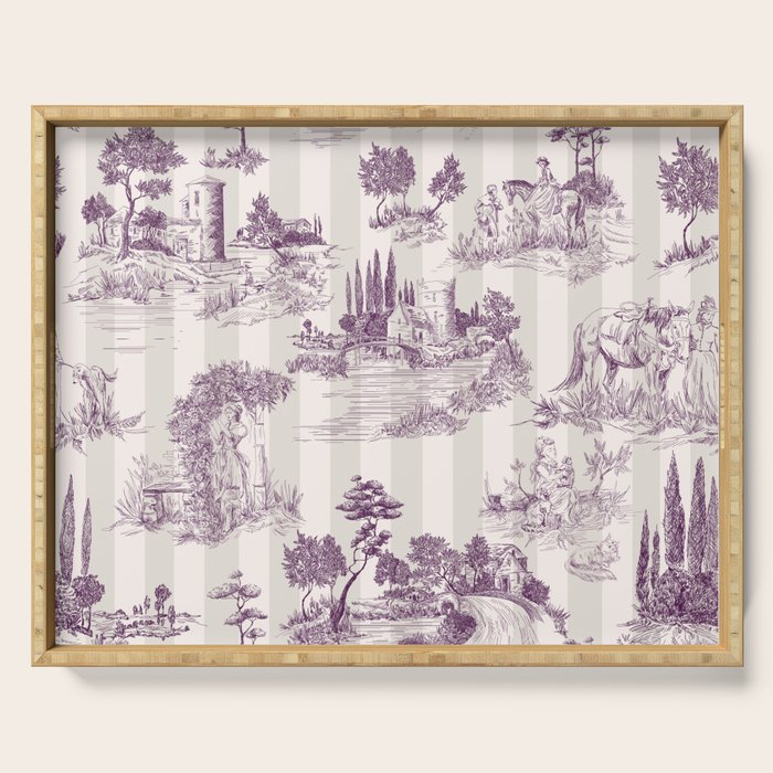 Toile de Jouy Vintage French Plum Striped Pastoral Pattern Serving Tray Gallery Image 1