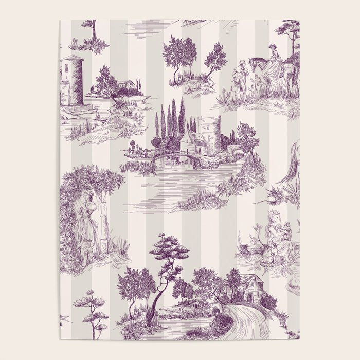 Toile de Jouy Vintage French Plum Striped Pastoral Pattern Poster Gallery Image 4