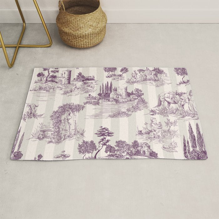 Toile de Jouy Vintage French Plum Striped Pastoral Pattern Rug Gallery Image 1