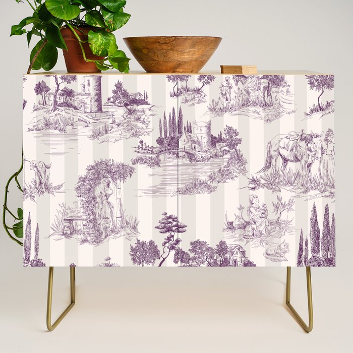 Toile de Jouy Vintage French Plum Striped Pastoral Pattern Credenza Gallery Image 1