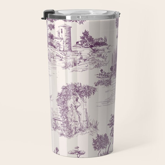 Toile de Jouy Vintage French Plum Striped Pastoral Pattern Travel Mug Gallery Image 3