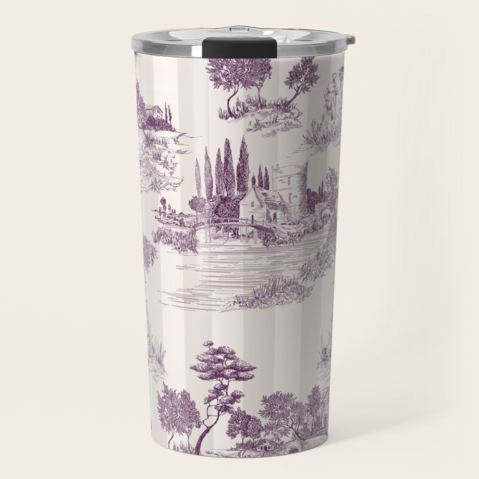 Toile de Jouy Vintage French Plum Striped Pastoral Pattern Travel Mug Gallery Image 1