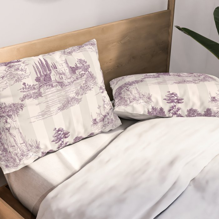 Toile de Jouy Vintage French Plum Striped Pastoral Pattern Pillow Sham Gallery Image 2