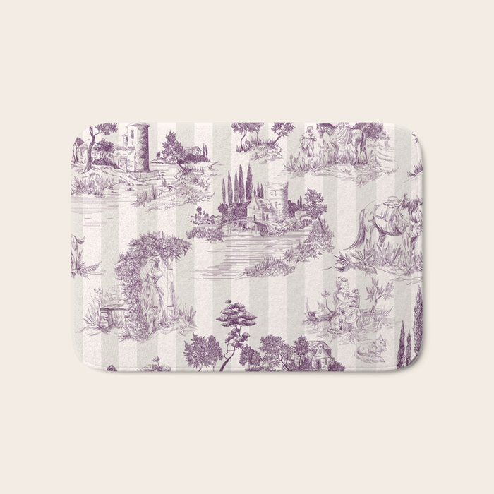 Toile de Jouy Vintage French Plum Striped Pastoral Pattern Bath Mat Gallery Image 1
