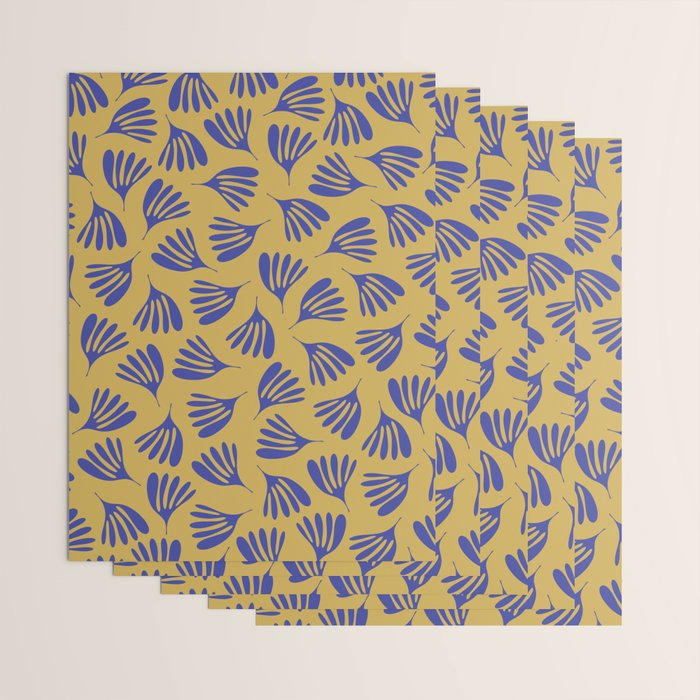 Blue Wispy Leaves Contemporary Abstract Pattern on Mustard Gold Wrapping Paper Gallery Image 3