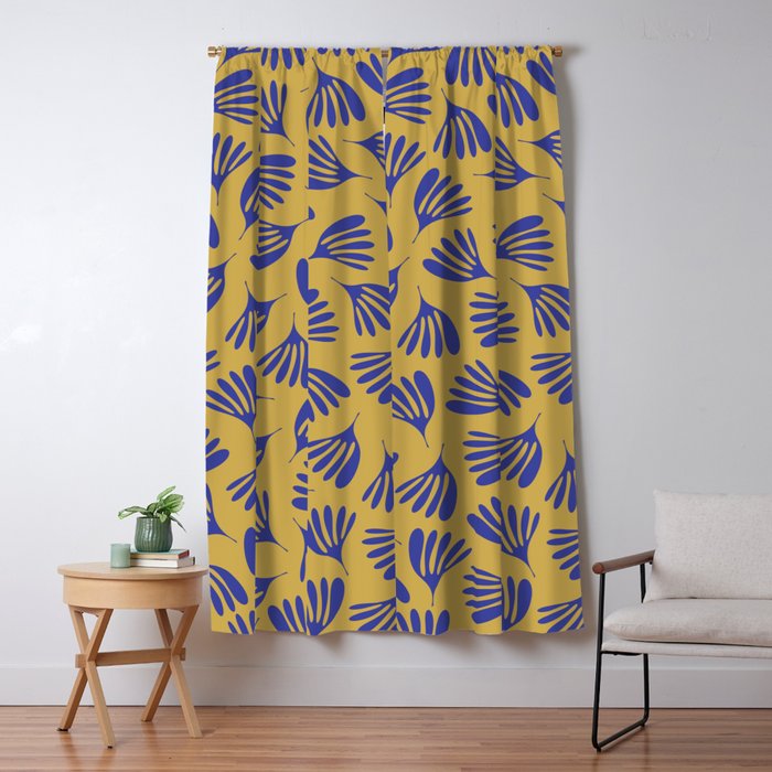 Blue Wispy Leaves Contemporary Abstract Pattern on Mustard Gold Window Curtain Gallery Image 5