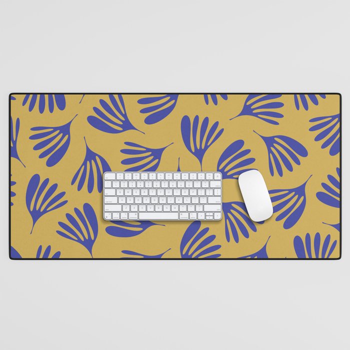 Blue Wispy Leaves Contemporary Abstract Pattern on Mustard Gold Desk Mat Gallery Image 1