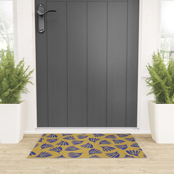 Blue Wispy Leaves Contemporary Abstract Pattern on Mustard Gold Welcome Mat Gallery Image 3