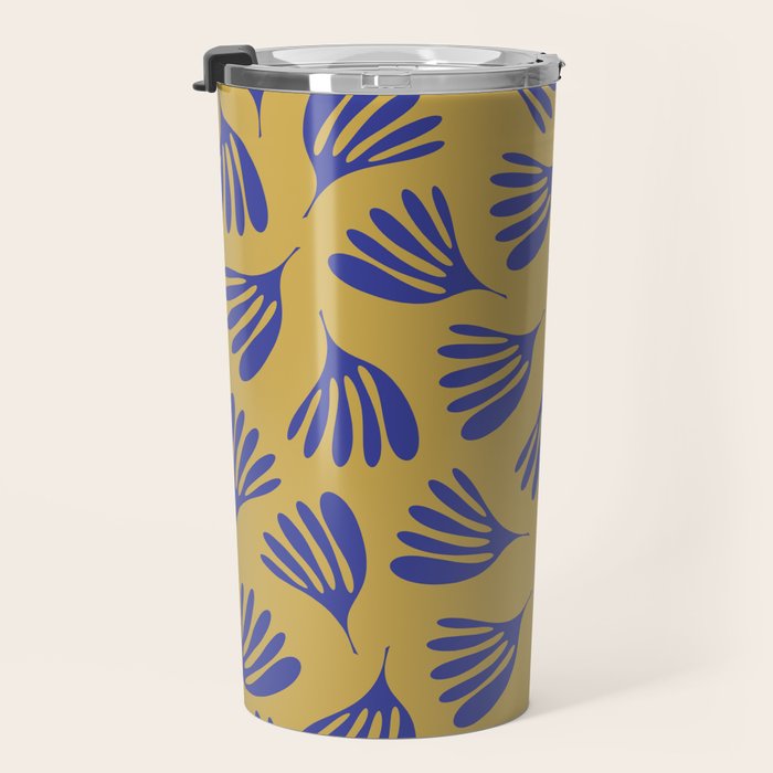 Blue Wispy Leaves Contemporary Abstract Pattern on Mustard Gold Travel Mug Gallery Image 3