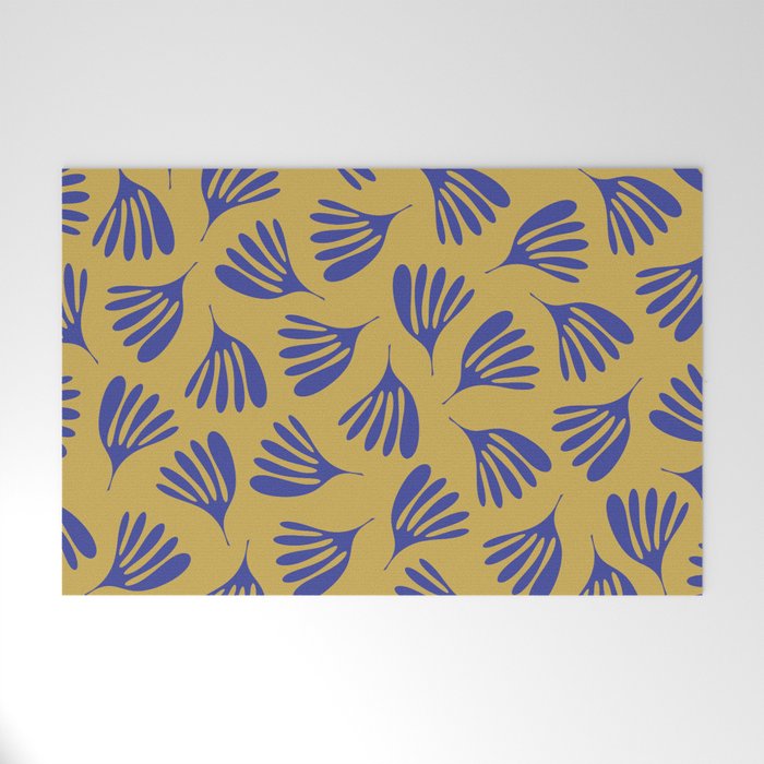 Blue Wispy Leaves Contemporary Abstract Pattern on Mustard Gold Welcome Mat Gallery Image 1