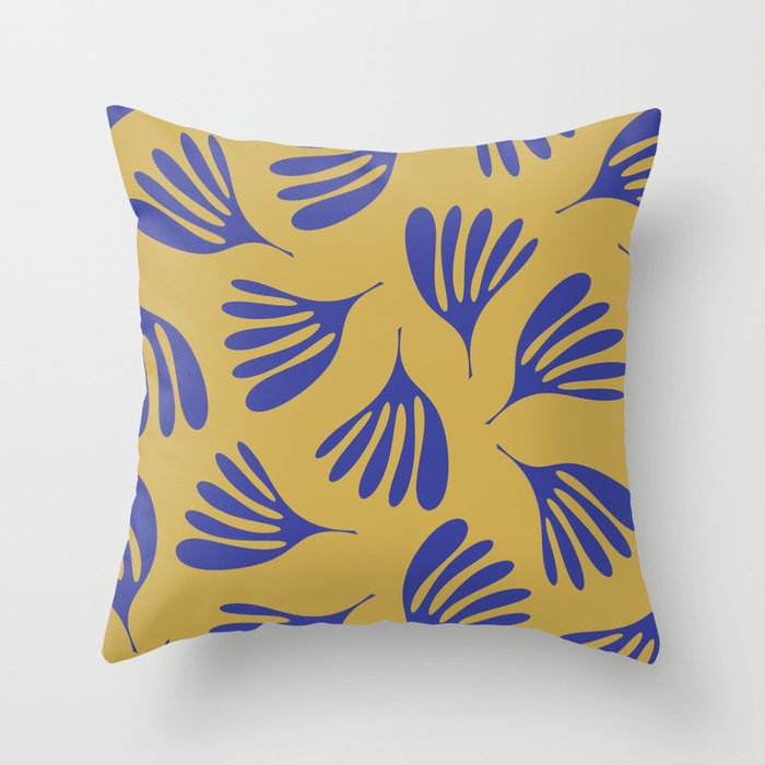 Blue Wispy Leaves Contemporary Abstract Pattern on Mustard Gold Throw Pillow Gallery Image 6