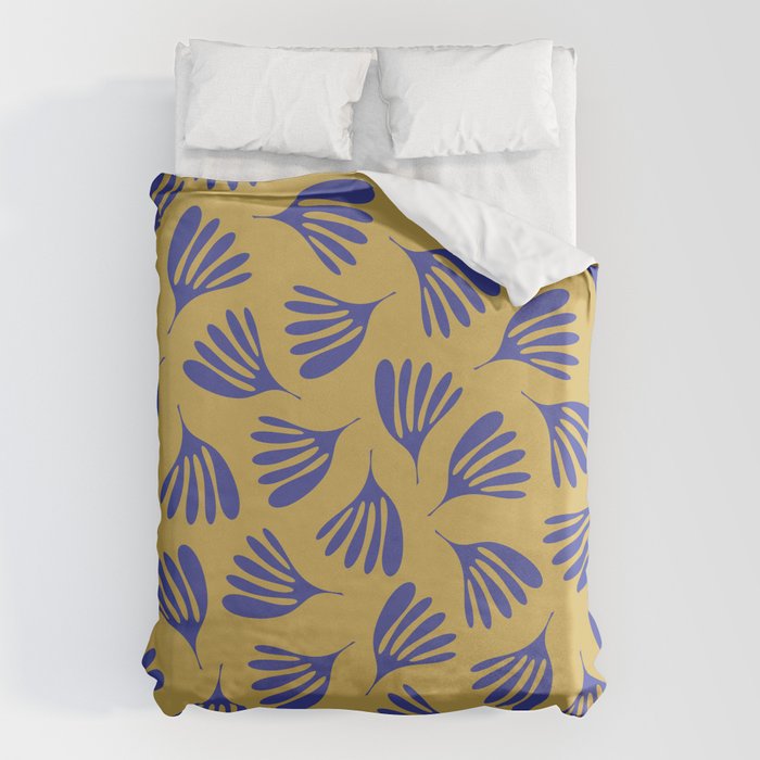 Blue Wispy Leaves Contemporary Abstract Pattern on Mustard Gold Duvet Cover Gallery Image 6