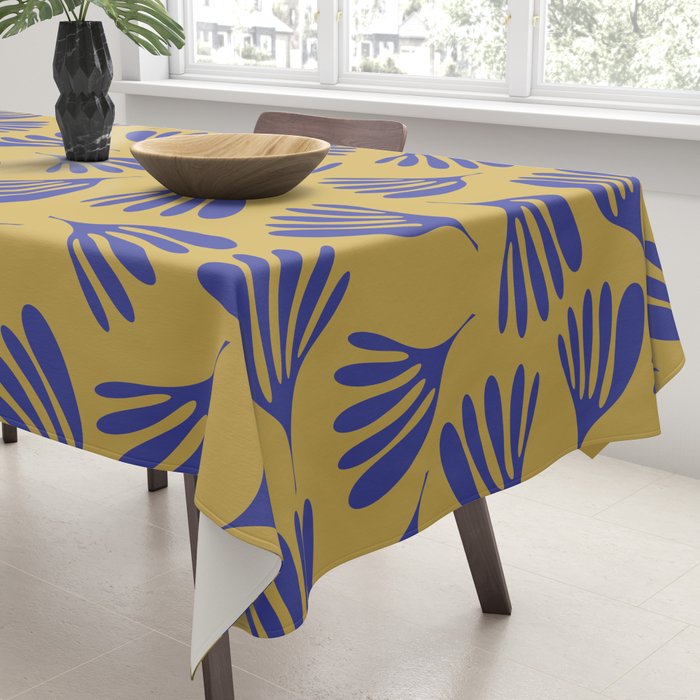 Blue Wispy Leaves Contemporary Abstract Pattern on Mustard Gold Tablecloth Gallery Image 3