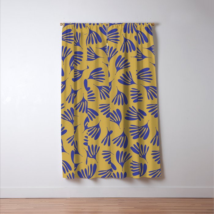Blue Wispy Leaves Contemporary Abstract Pattern on Mustard Gold Window Curtain Gallery Image 3