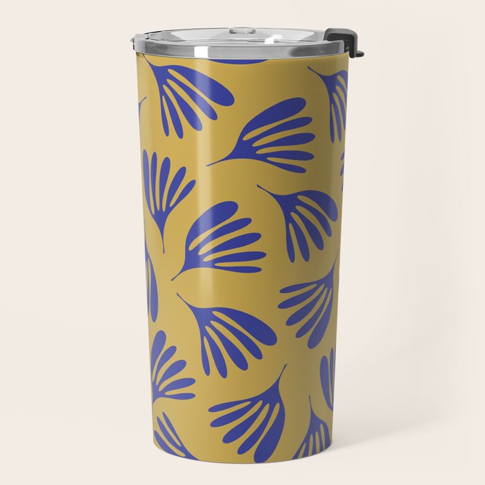Blue Wispy Leaves Contemporary Abstract Pattern on Mustard Gold Travel Mug Gallery Image 2
