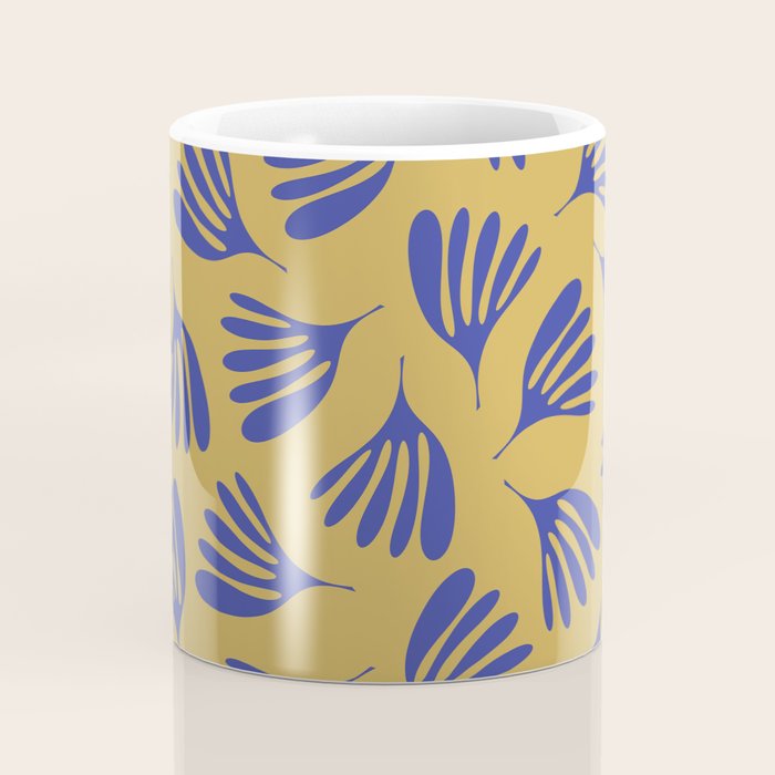 Blue Wispy Leaves Contemporary Abstract Pattern on Mustard Gold Coffee Mug Gallery Image 4