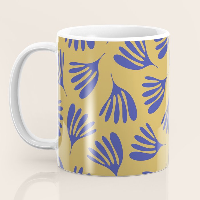 Blue Wispy Leaves Contemporary Abstract Pattern on Mustard Gold Coffee Mug Gallery Image 3