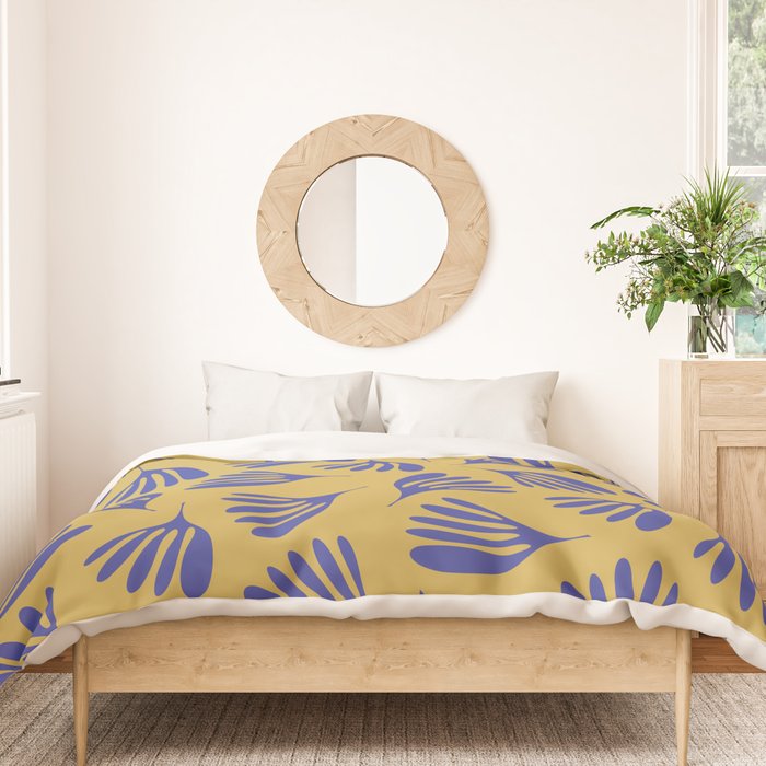 Blue Wispy Leaves Contemporary Abstract Pattern on Mustard Gold Duvet Cover Gallery Image 3