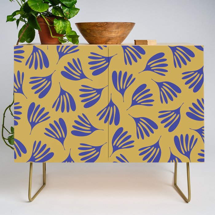 Blue Wispy Leaves Contemporary Abstract Pattern on Mustard Gold Credenza Gallery Image 1