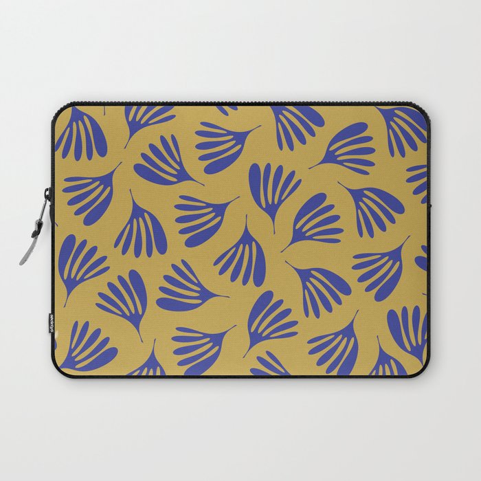 Blue Wispy Leaves Contemporary Abstract Pattern on Mustard Gold Laptop Sleeve Gallery Image 1