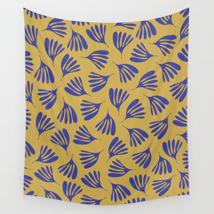 Blue Wispy Leaves Contemporary Abstract Pattern on Mustard Gold Wall Tapestry Gallery Image 1