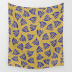 Blue Wispy Leaves Contemporary Abstract Pattern on Mustard Gold Wall Tapestry Gallery Image 4