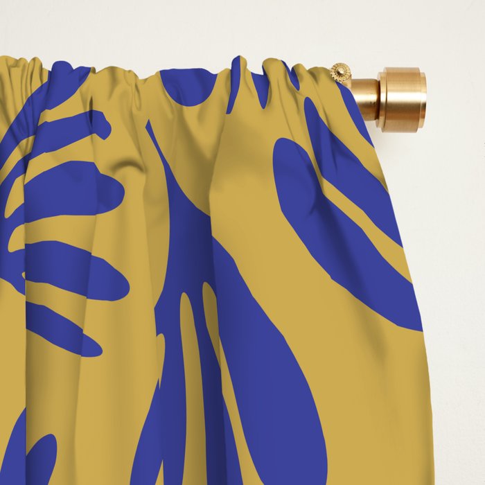 Blue Wispy Leaves Contemporary Abstract Pattern on Mustard Gold Window Curtain Gallery Image 2