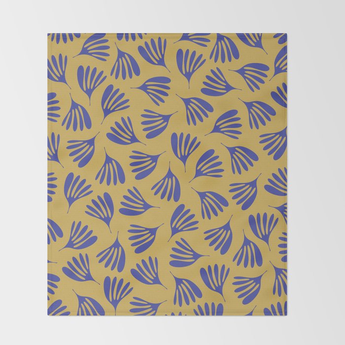 Blue Wispy Leaves Contemporary Abstract Pattern on Mustard Gold Throw Blanket Gallery Image 2