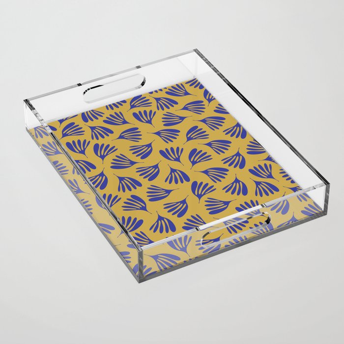 Blue Wispy Leaves Contemporary Abstract Pattern on Mustard Gold Acrylic Tray Gallery Image 1