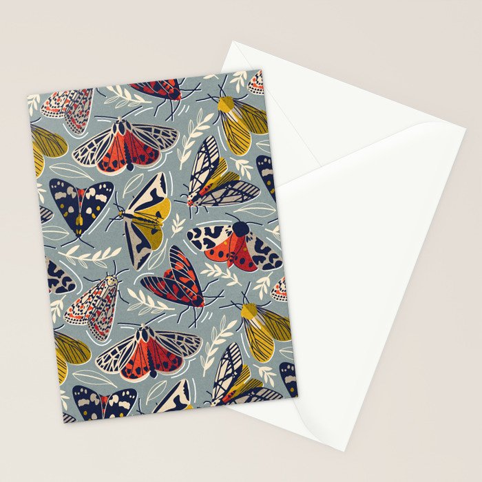 Quirky beautiful moths // morning blue textured background oxford navy blue ivory yellow and red tiger moth insects Stationery Card Gallery Image 2