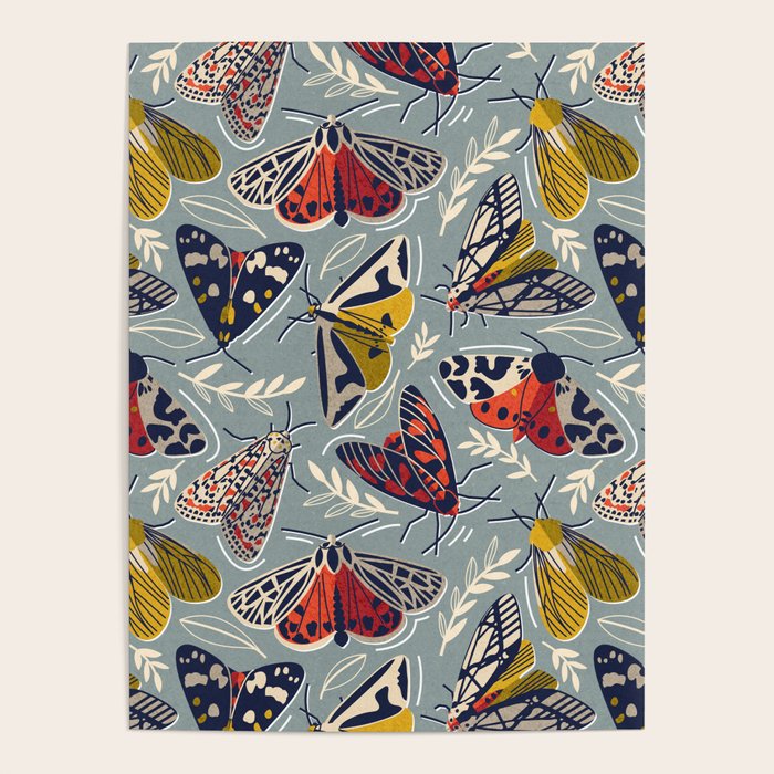Quirky beautiful moths // morning blue textured background oxford navy blue ivory yellow and red tiger moth insects Poster Gallery Image 1